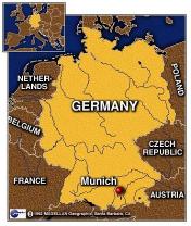 The image of a Munich city map, in Germany with surrounding countrys like Czech Republic, Poland, France, Belgium, Austria and the Netherlands, cheapflightsia the online website tool which will help you in finding cheap flights to Munich for international airline destinations