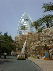 The views just outside the Wyld Wadi or Wild Wadi entrance of the water theme park in Dubai overlooked by the Burj Al Arab where guests staying there are given free entry. The cheapflightsia website allows you to search for the best cheap holidays to dubai